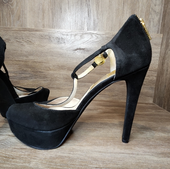 Michael Kors Brayson Black Suede T-Strap Peep Toe Stiletto Heel Pump Size 8.5 - Picture 8 of 10
